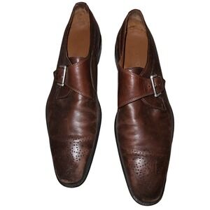 BROLETTO Brown Leather Monk Strap Medallion Toe Dress Shoes Made in Italy 10.5